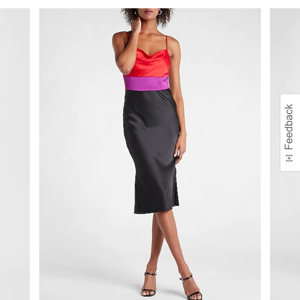 Satin Color Block Tier Cowl Neck Midi Slip Dress